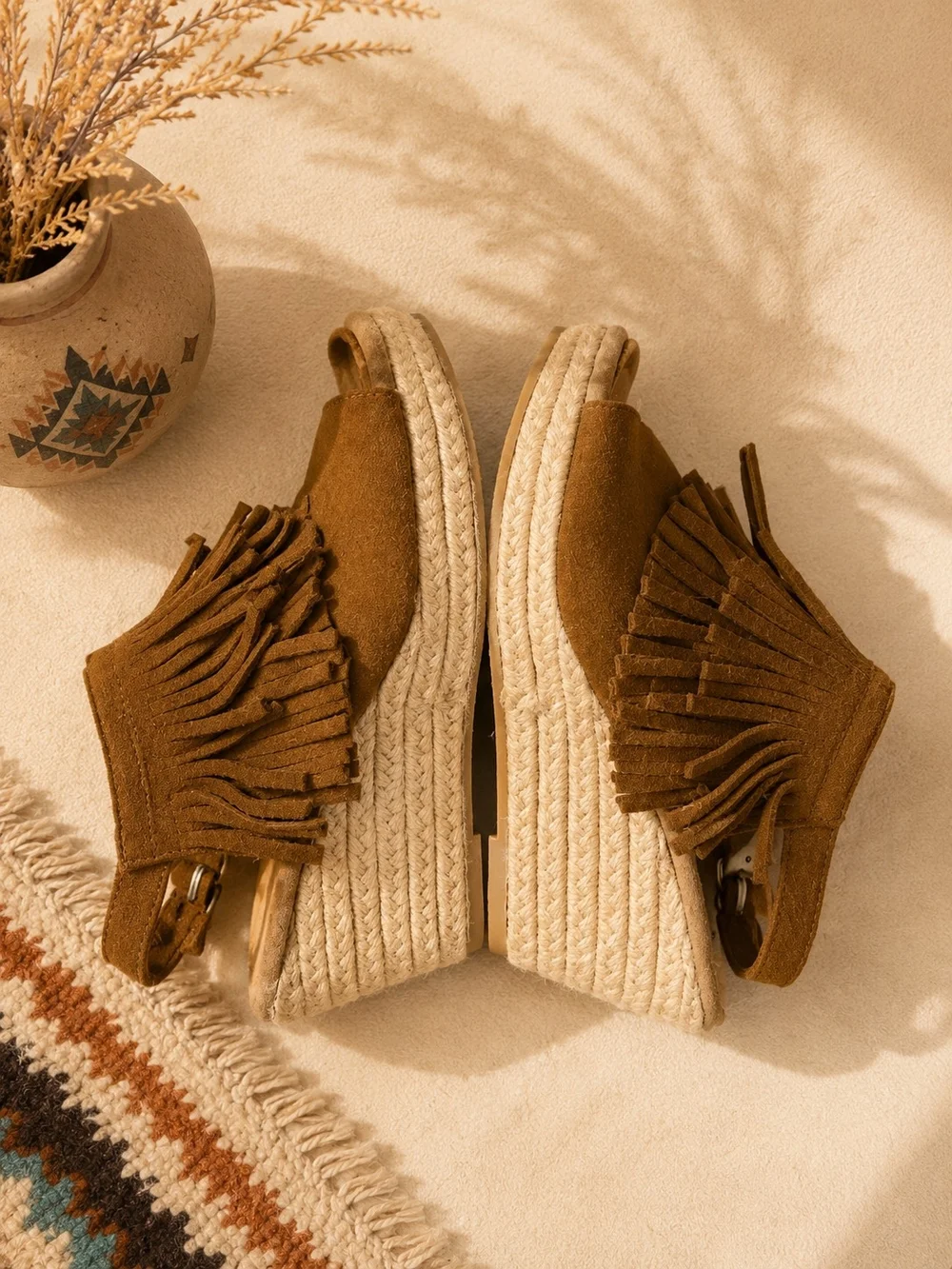 Minnetonka Brown Suede Fringe Espadrille Wedge Slingback Sandals Women's Sz 9